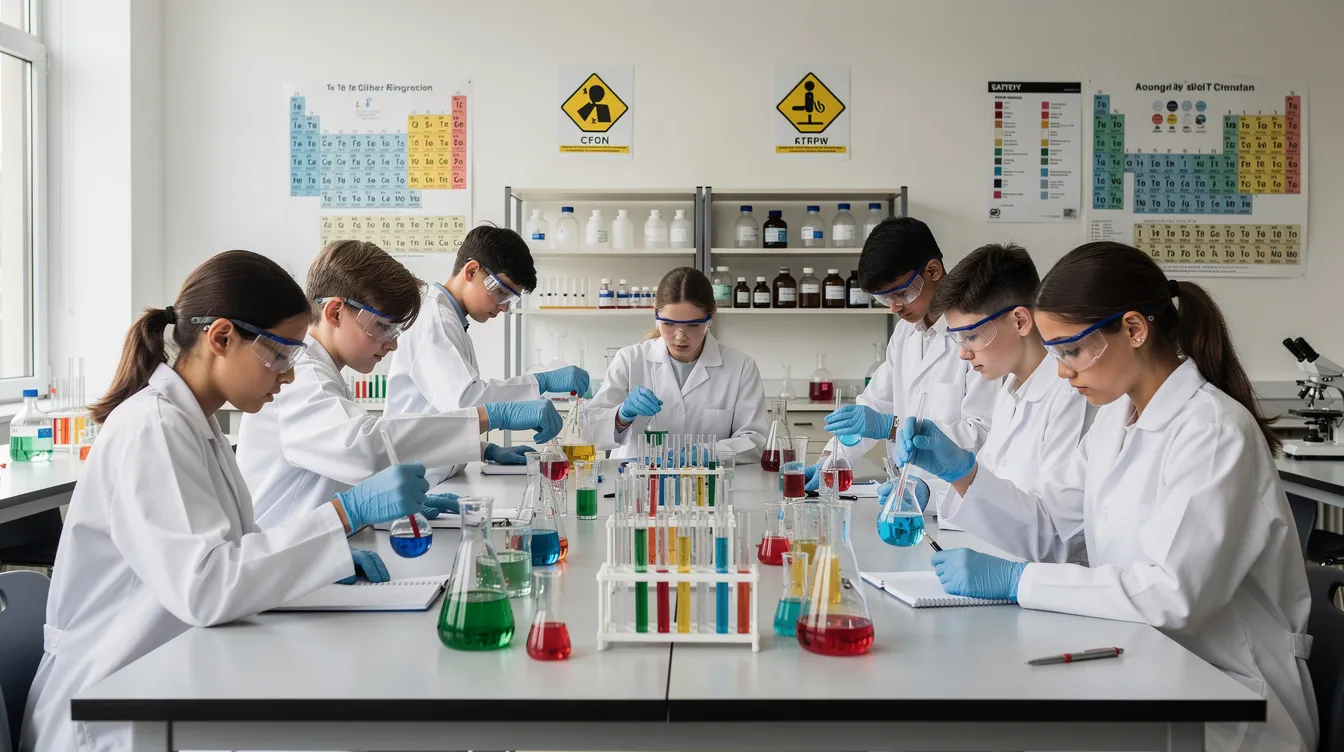 Na obrazie widać uczniów w białych fartuchach laboratoryjnych, którzy pracują przy stole w szkolnym laboratorium chemicznym, otoczeni probówkami i zlewkami. W tle można dostrzec materiały dotyczące równania reakcji chemicznych oraz łączenia się atomów, co sugeruje, że prowadzą eksperymenty związane z tematyką sprawdzianu z chemii w klasie 7.