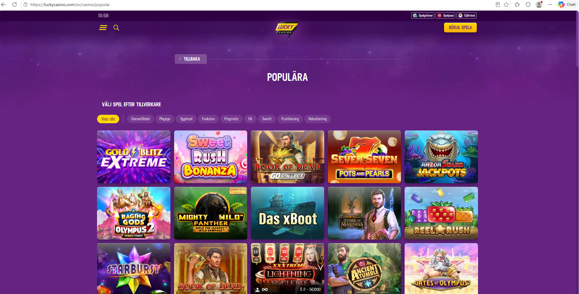 Lucky Casinos startsida för populära spel.