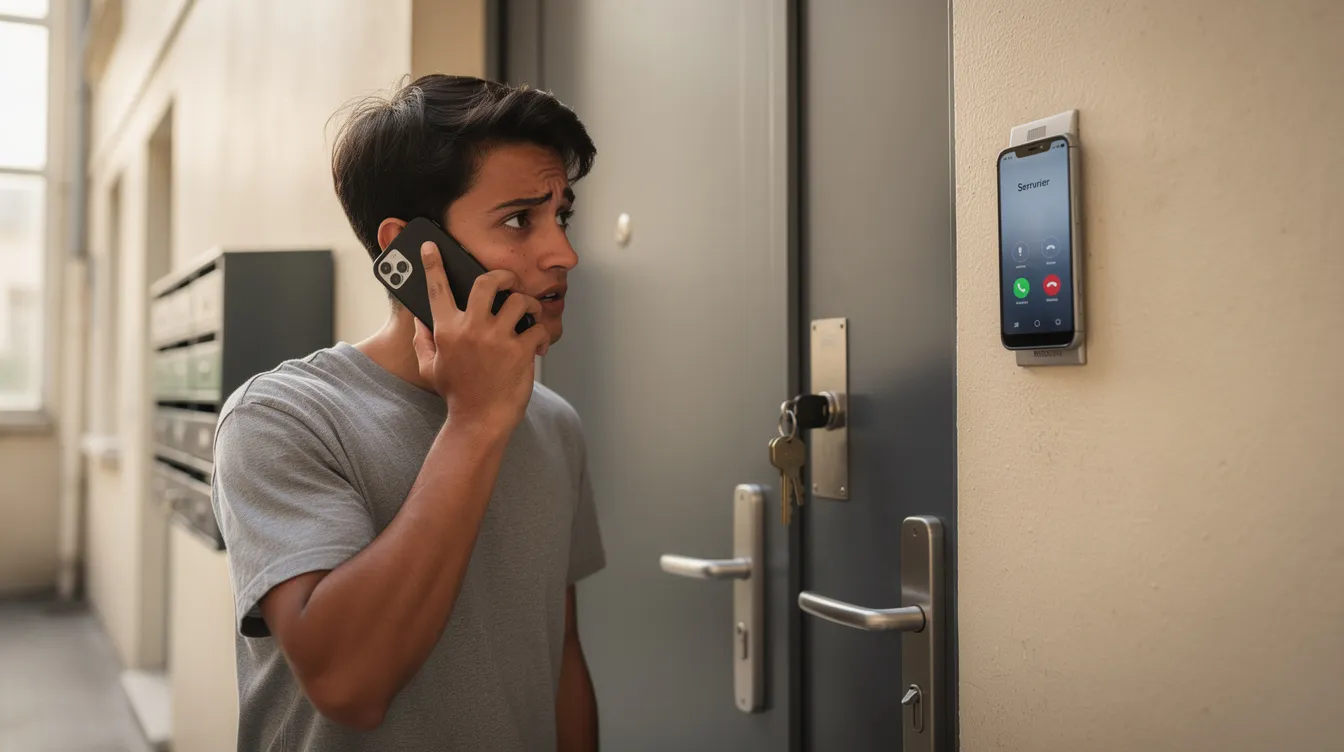 Une personne se tient devant sa porte d'entrée, tenant son téléphone pour appeler un serrurier à Rennes en raison d'un problème de serrure. L'image illustre une situation d'urgence où le service de dépannage est nécessaire pour assurer la sécurité de son domicile.