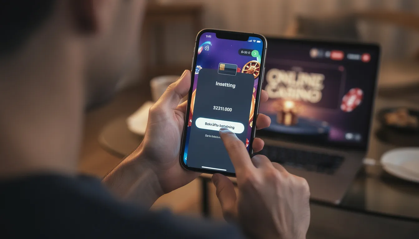 En person håller en smartphone och gör en betalning på ett online casino med hjälp av paysafecard. Denna betalningsmetod gör det enkelt att sätta in pengar och spela ansvarsfullt på casinon med svensk licens.