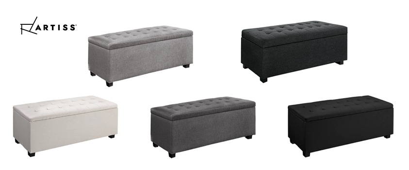 Five Artiss fabric storage ottomans in various shades of white, grey and black.