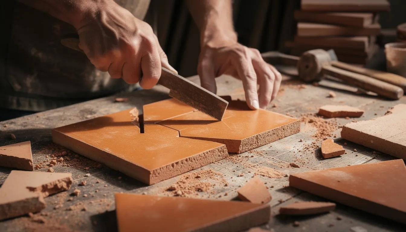 Artisan hands skillfully use traditional tools to cut intricate geometric shapes from vibrant, hand-glazed terracotta tiles, showcasing the craftsmanship behind authentic Moroccan zellige tiles. The scene captures the essence of Moroccan tile work, highlighting the complex geometry and rich colors that define this timeless art form.