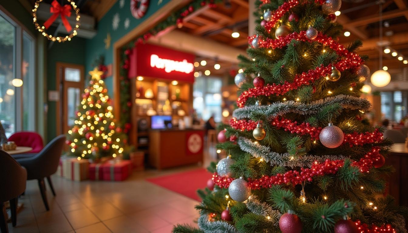 Holiday décor that incorporates company branding for a festive atmosphere.