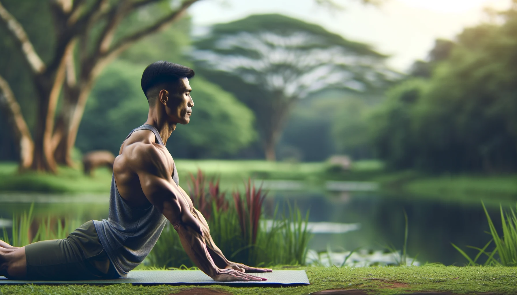 a fit male individual demonstrating the baby cobra pose with shoulders relaxed in a serene outdoor setting