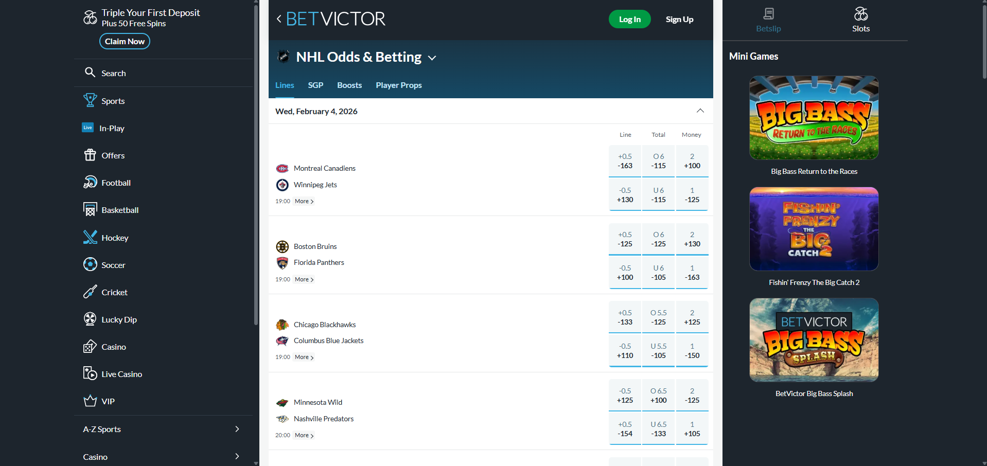 A desktop view screenshot of BetVictor NHL betting page.
