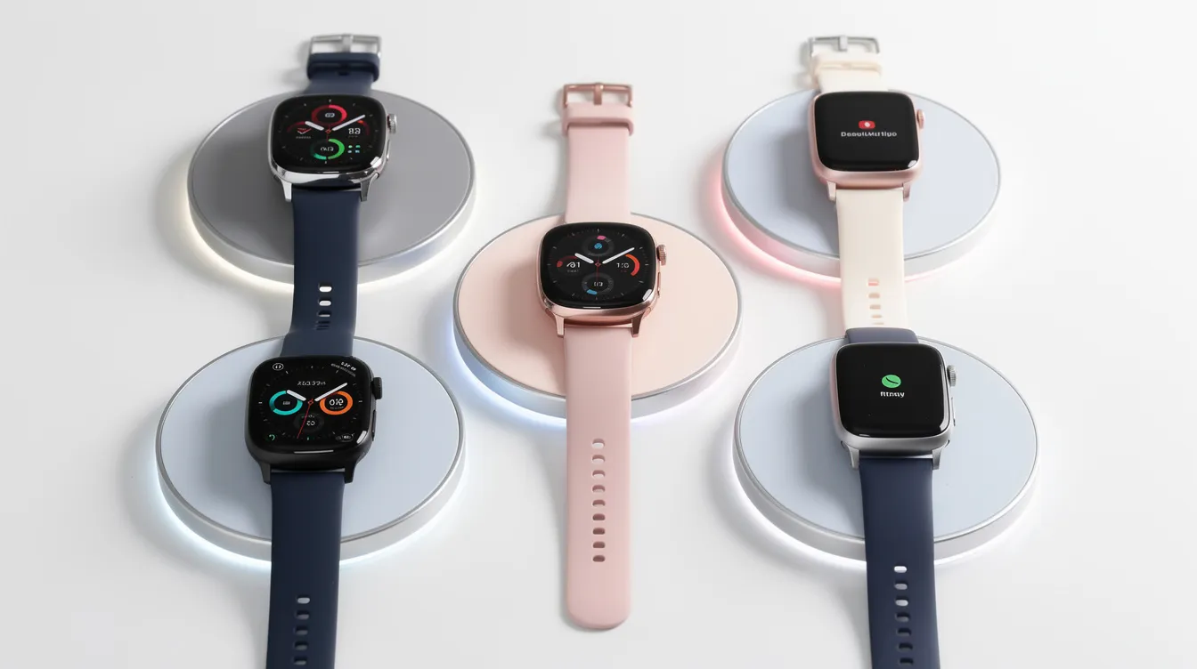 The image features various smartwatches and fitness bands neatly arranged on wireless charging pads, showcasing popular sleep tracking devices designed to monitor sleep quality and health metrics. These wearables are essential for tracking sleep patterns, including light sleep and deep sleep stages, helping users improve their overall sleep habits.