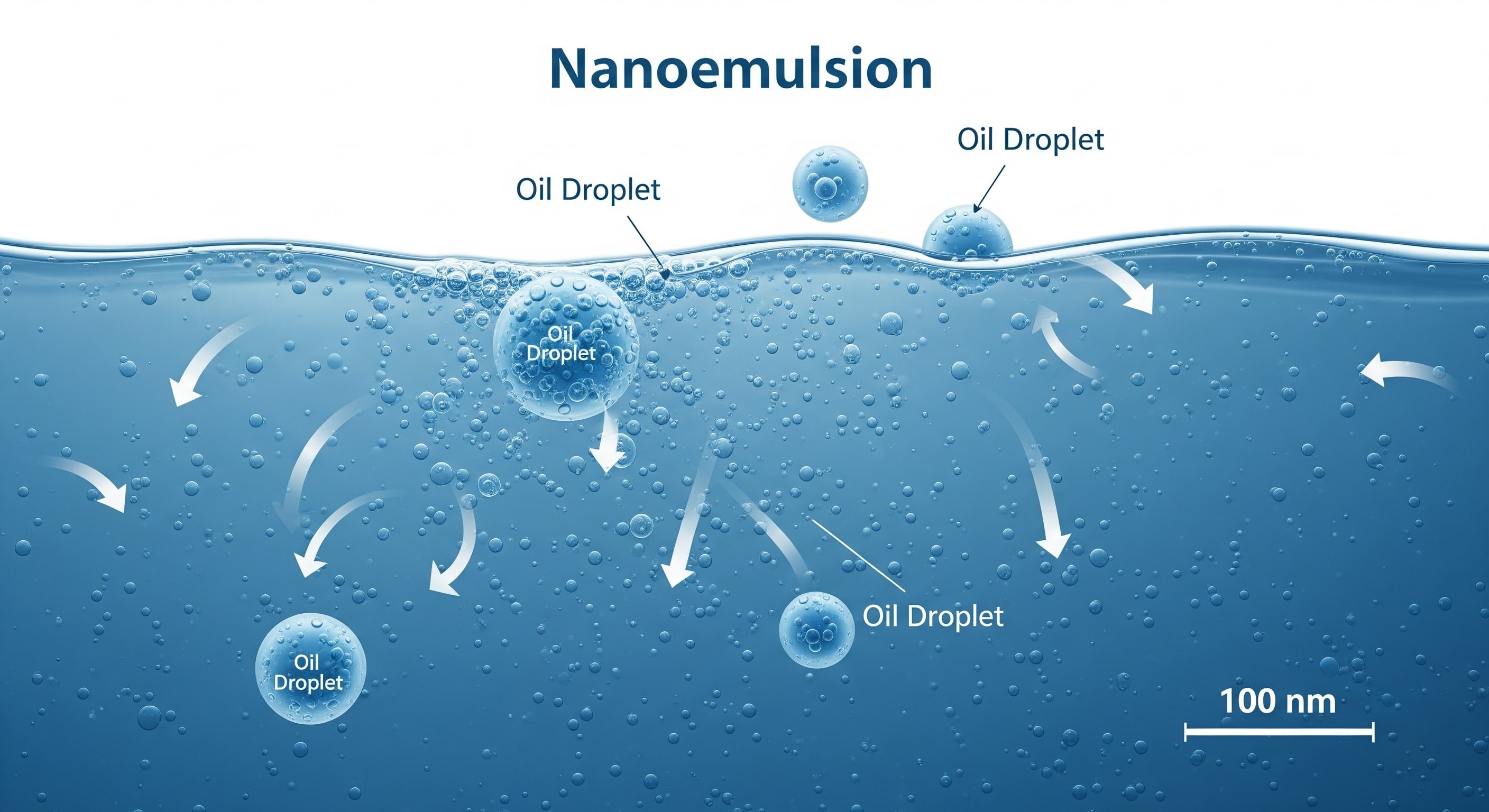 nano emulsion illustration of oil droplets in water, microscopic particles, scientific infographic style, blue and white palette