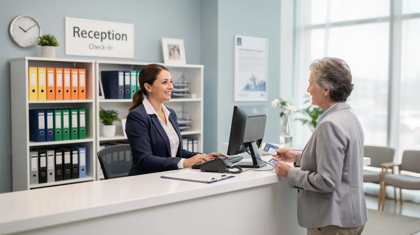 The image depicts a busy medical office front desk where a receptionist assists a patient with the check-in process. The scene emphasizes the importance of patient registration and effective revenue cycle management in ensuring patient satisfaction and smooth healthcare services.
