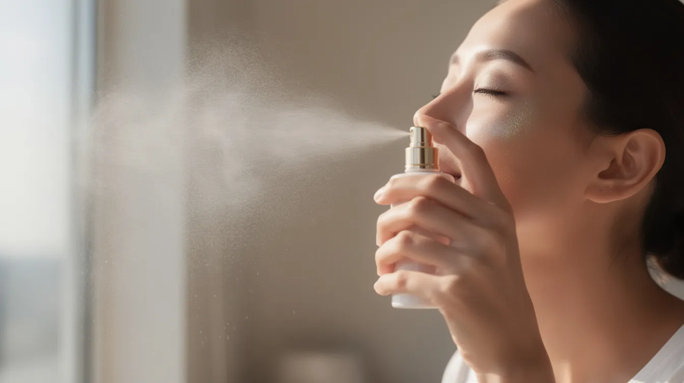 A person is lightly misting their face with a refreshing rose water spray near a window, where soft natural light enhances the scene. The mist, ideal for sensitive and dry skin, provides hydration and a soothing effect, making it a perfect addition to any skincare routine.