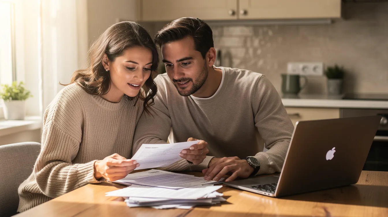 A couple sits at a kitchen table, reviewing paperwork and discussing their current mortgage deal while a laptop is open nearby. They appear to be considering options for remortgaging, potentially to secure a lower interest rate and save money on their monthly mortgage payments.