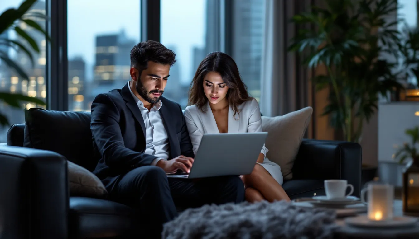 In a high-end Manhattan apartment, a diverse couple, consisting of an Asian partner and a White partner, sits together on a luxurious couch, visibly frustrated after a virtual couples therapy session displayed on their laptop. Large windows let in natural light, highlighting their tense expressions as they navigate the complexities of their relationship, grappling with feelings of anxiety and the exhausting cycle of conflict.