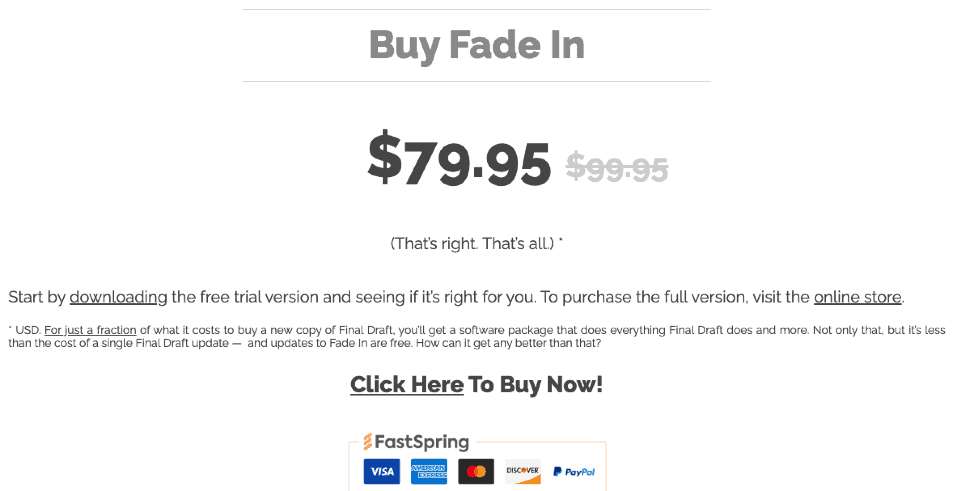 Fade In Script writing software - pricing