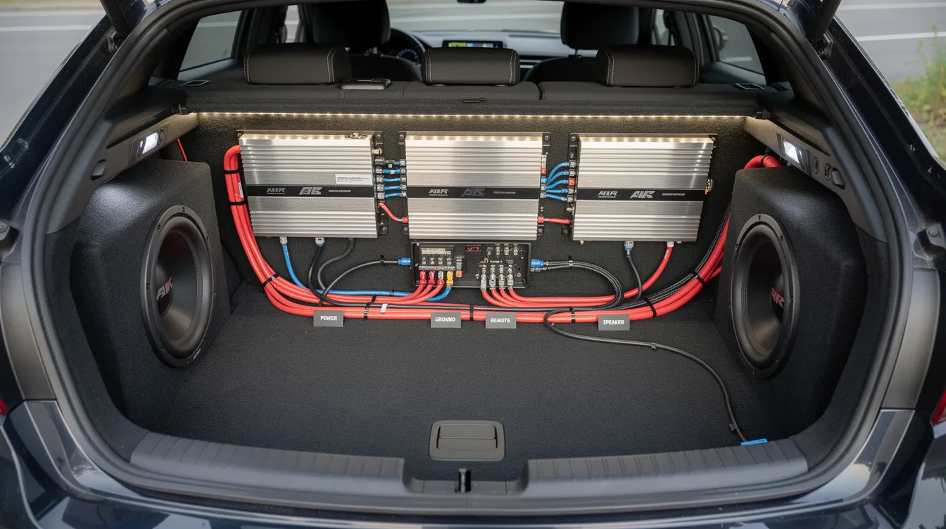 The image depicts a complete car audio system installation in a vehicle trunk, showcasing amplifiers, subwoofers, and intricate wiring, highlighting the quality of sound equipment like the Sundown brand. The setup emphasizes the electrical components and the organized arrangement of the audio gear, designed for optimal music experience.