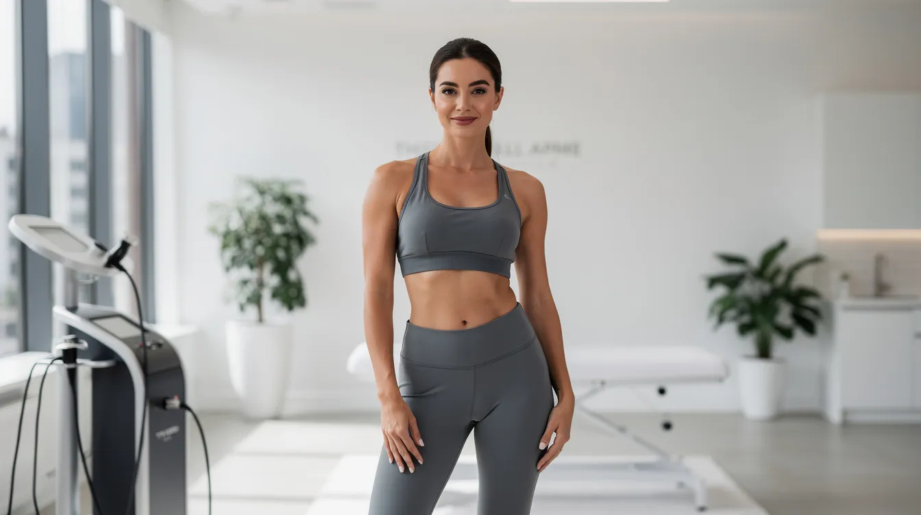 In a bright and modern medspa, a confident woman in athletic wear showcases her natural body curves, exemplifying the aesthetic goals achievable through non surgical butt lift injections. The setting suggests a focus on innovative body procedures that enhance the buttock region with minimal downtime and immediate results.