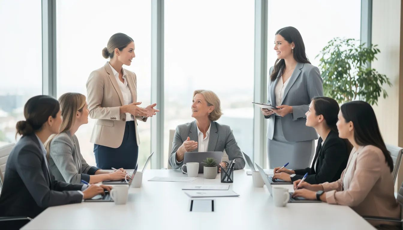 A group of professional women is engaged in a lively discussion around a table in a bright office setting, sharing ideas and practical advice on personal growth and self-acceptance. Their conversation reflects a commitment to self-discovery and mental health, as they inspire each other on their journeys towards embracing their full potential.