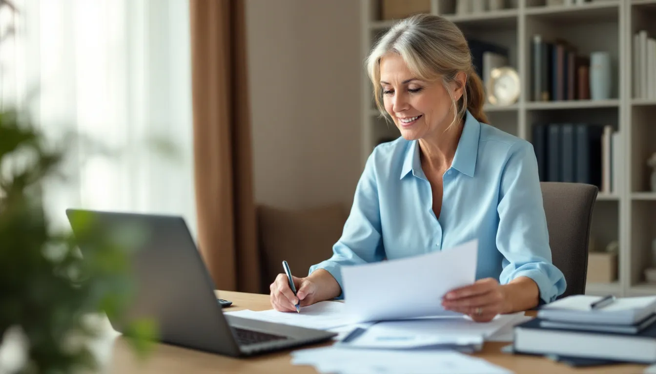 A woman in her 60s is seated at a home office desk, carefully reviewing financial documents and tax planning materials, surrounded by a few personal items that reflect her family history. The scene captures her engaged in the process of determining her financial plan, with various papers and a calculator laid out in front of her.