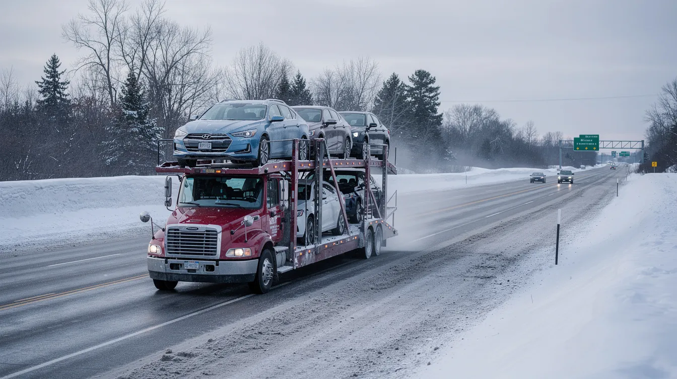 A multi-car carrier truck is driving along a snow-lined highway in Minnesota during winter, showcasing the vehicle transport services offered by Minnesota auto transport companies. The snowy landscape highlights the challenges of car shipping in cold weather, emphasizing the importance of quality car shipping services for safe delivery.