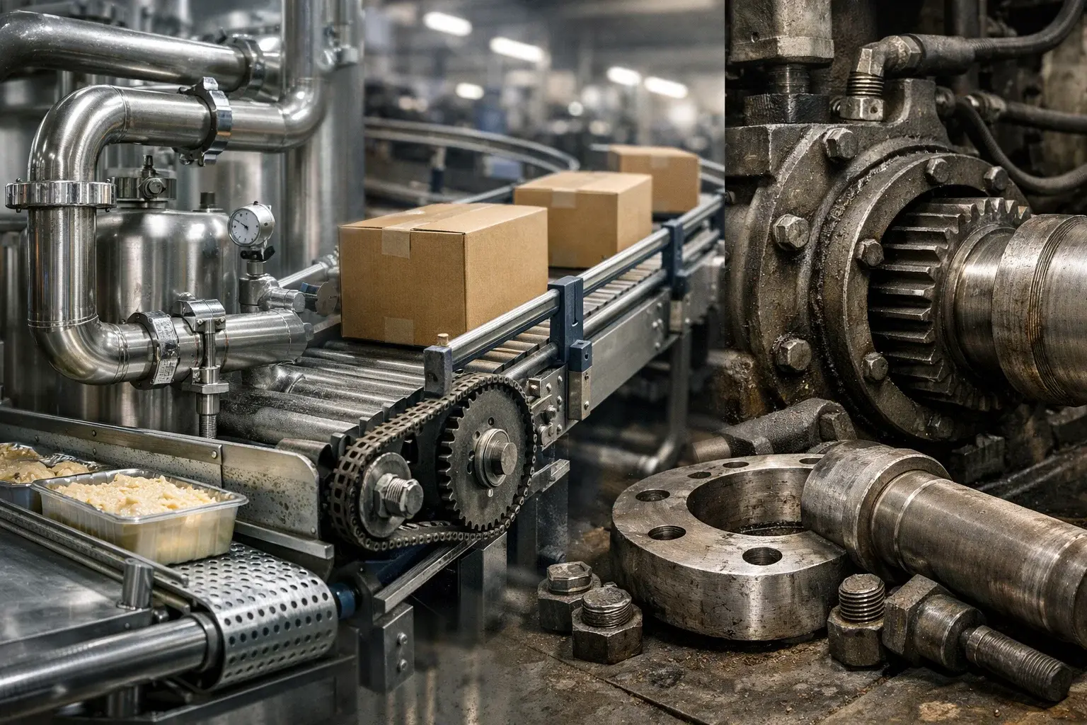 Precision engineered components used across industries including food production, conveyors and heavy industrial systems