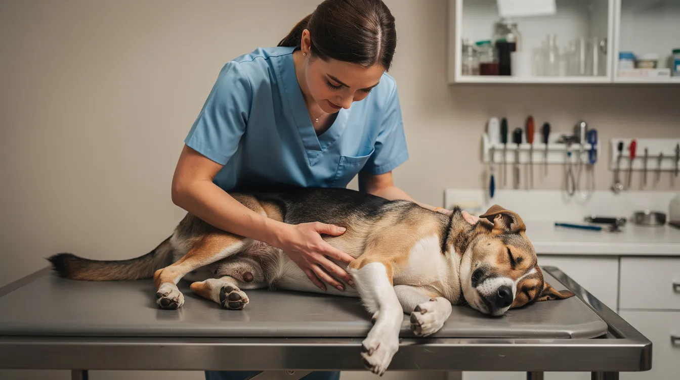 A veterinarian is gently examining a tired dog on an exam table, focusing on its health and well-being. The scene captures the care involved in veterinary medicine, particularly in assessing potential infectious diseases like leptospirosis, which can affect both wild and domestic animals.