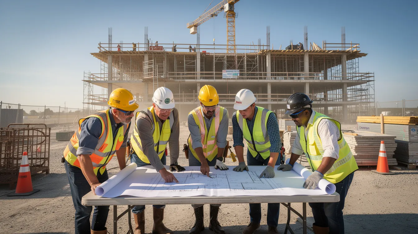 A group of skilled construction workers is reviewing blueprints at a project site, surrounded by various safety equipment, emphasizing the importance of safety in the construction industry. This scene highlights the commitment to quality and training programs that prepare qualified workers for construction jobs in Knoxville and greater Tennessee.