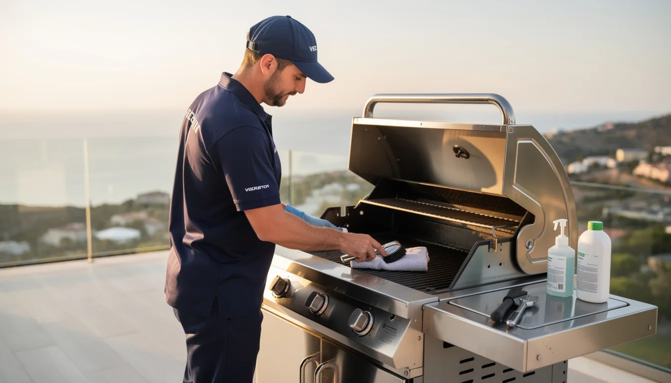 A professional technician in uniform is thoroughly cleaning a stainless steel gas BBQ grill on a villa terrace, using a steam cleaning machine to remove built-up grease and stubborn stains. This barbecue cleaning service ensures a clean grill, promoting customer satisfaction and health by eliminating harmful bacteria.