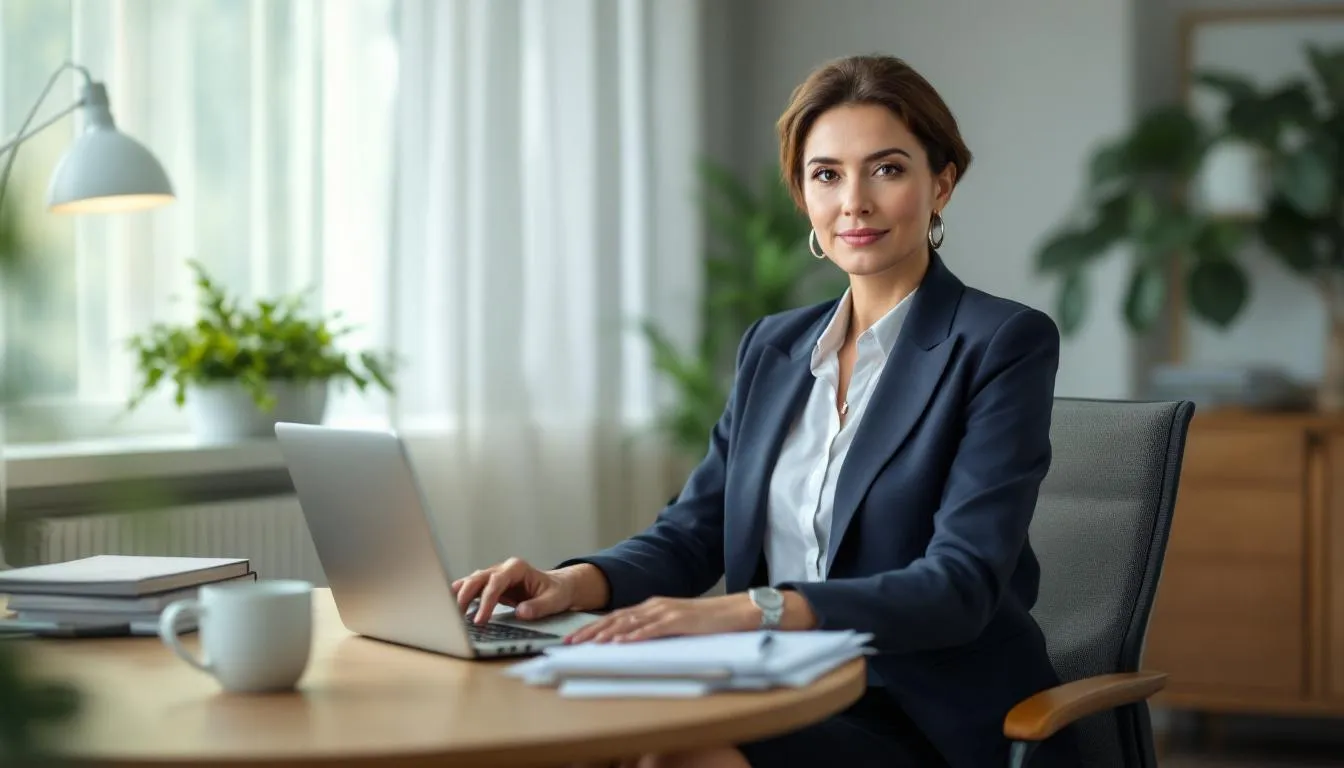 A professional woman is seated in an office setting, elegantly dressed and wearing a coordinated silver jewellery set that includes a matching necklace and stud earrings adorned with sparkling cubic zirconia. The sterling silver pieces complement her outfit perfectly, showcasing the beauty of matching jewellery sets.
