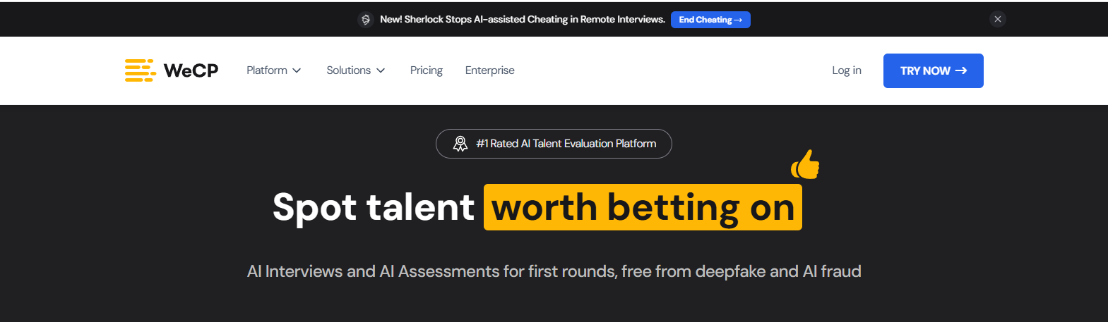 WeCP homepage showcasing AI-powered assessment and online proctoring software with secure remote testing, fraud prevention, and talent evaluation capabilities.