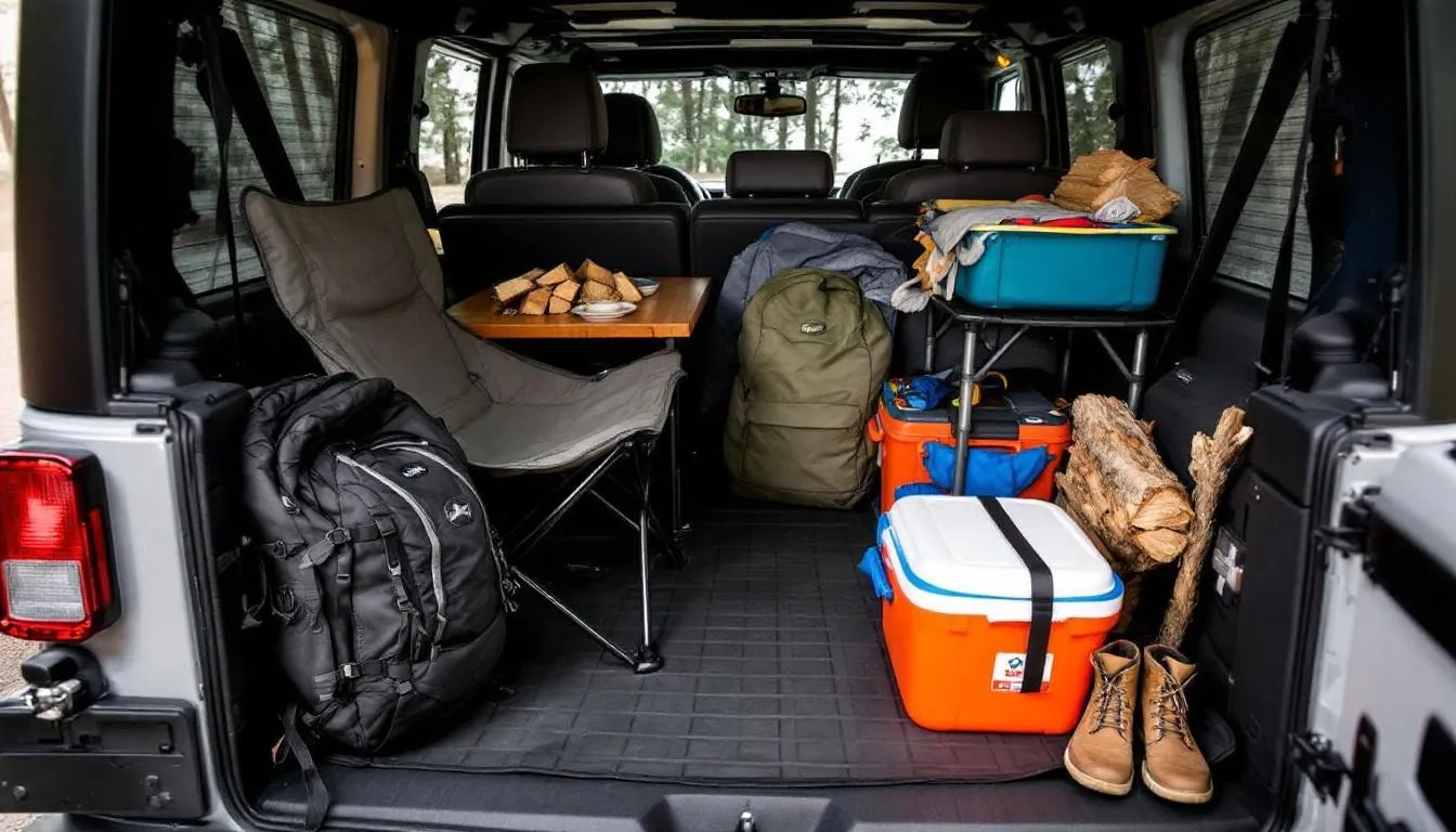 Cargo area of four-door Jeep Wrangler filled with camping and outdoor gear including emergency kits, tents, and backpacks