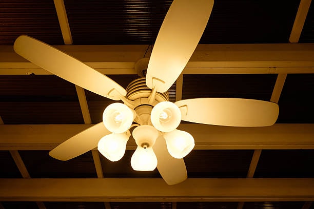 Ceiling fan with incandescent light bulbs. 