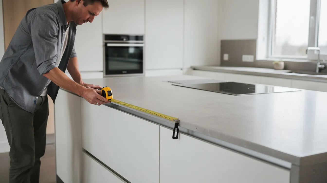 Een persoon meet met een meetlint de lengte van een kookeiland in een moderne keuken, terwijl er verschillende barkrukken met gestoffeerde zittingen in de buurt staan. De focus ligt op het bepalen van hoeveel barkrukken er passen en de ideale zithoogte voor voldoende beenruimte.