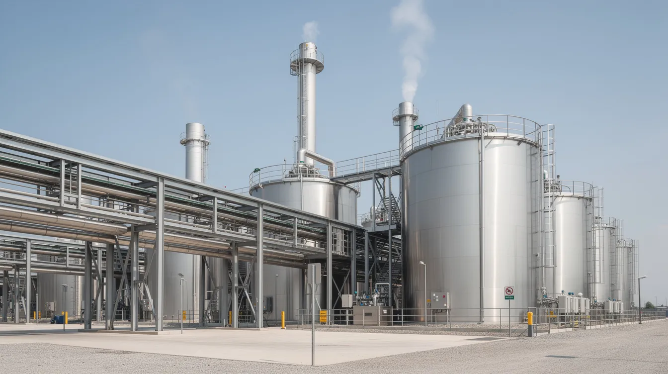 e6841b12 90d8 473e 8d4f 1fb764ef602b The image depicts a large industrial ethanol production facility, featuring massive stainless steel storage tanks, tall chimney stacks, and a complex network of interconnected piping systems, all situated within an open industrial zone. This setup highlights the essential components of ethanol manufacturing, emphasizing the importance of sustainable practices and compliance with environmental regulations in the production process.