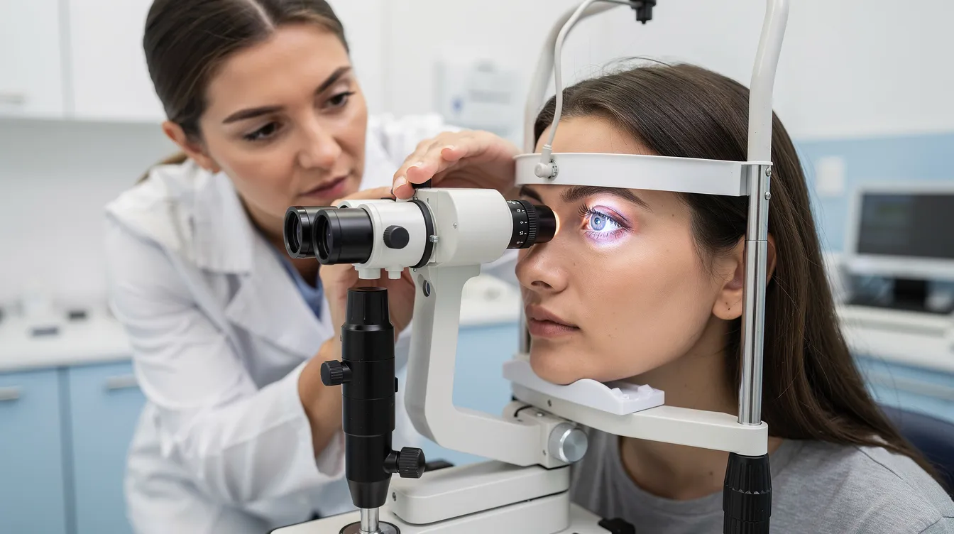 A doctor is examining a patient's eyes with a slit lamp in a modern ophthalmology clinic, showcasing the use of advanced medical equipment for eye health assessments. This setting highlights the importance of patient care and safety in a healthcare facility dedicated to vision correction and specialized eye care services.