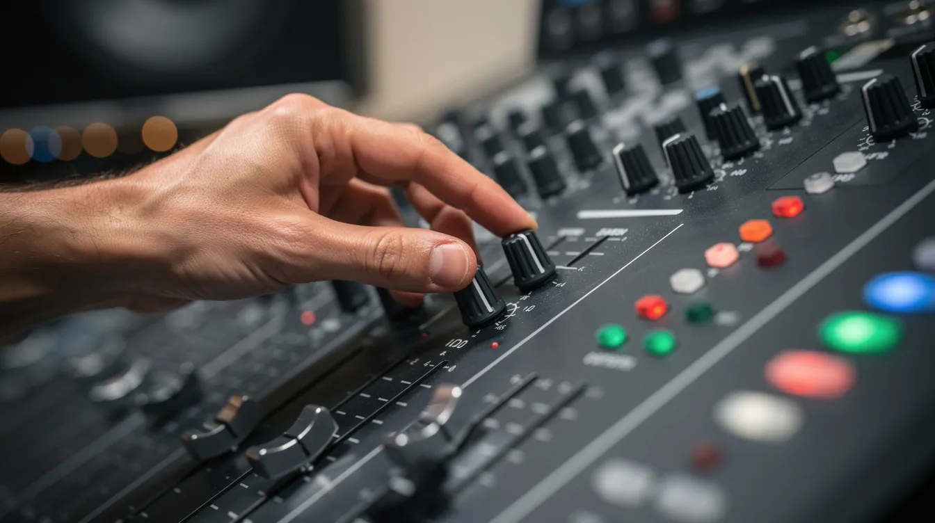 A person adjusting knobs and sliders on a control panel