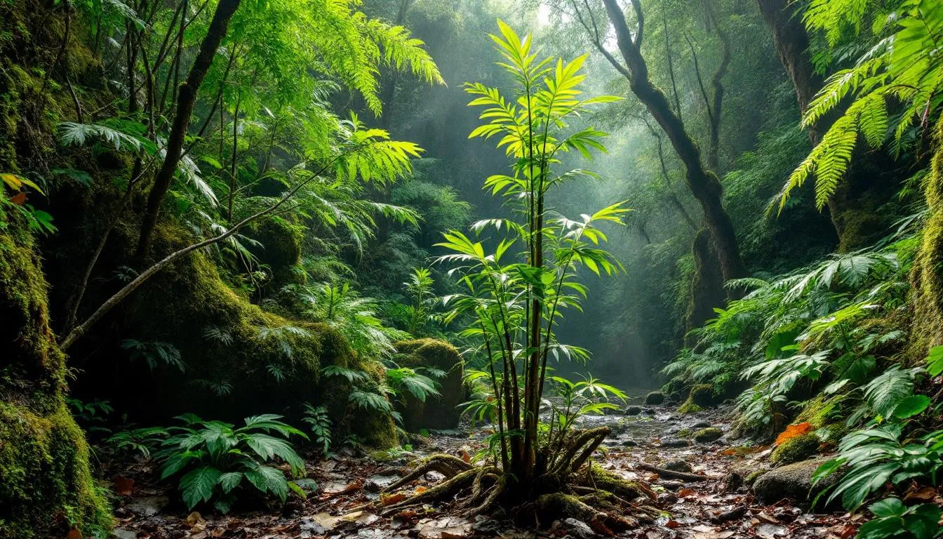 Bildet Viser Tongkat Ali-Planten, Også Kjent Som Eurycoma Longifolia, I Sitt Naturlige Habitat I Den Malaysiske Regnskogen. Planten er omgitt av frodig vegetasjon og skisser Seg ut med sinus karakteristiske lange, smale blader og kraftige stilker, kjent för sinus potensielle fordeler når det gjelder Å Støtte testosteronnivåer Og libido Hos Menn.