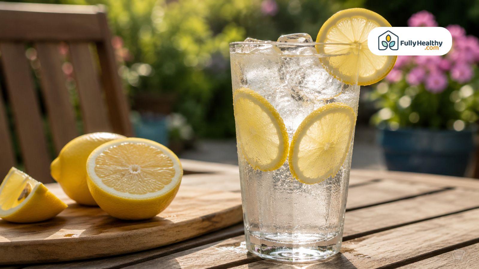 Glass of iced lemon water with fresh slices on sunny outdoor table