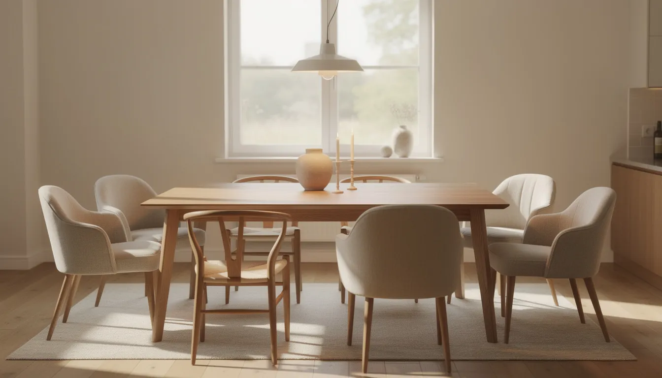 Eetkamerfauteuil kopen? Tips, comfort & stijladvies Een sfeervolle eethoek met een lange houten eettafel omringd door verschillende stoelen en fauteuils, waaronder lederen eetkamerstoelen en een comfortabele fauteuil. Deze mix van stijlen en materialen creëert een warme en uitnodigende ruimte voor familie en vrienden.