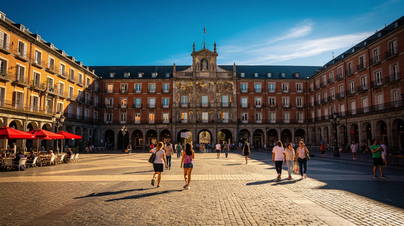 La imagen muestra la Plaza Mayor de Madrid, llena de visitantes que caminan bajo el cálido sol, disfrutando del ambiente vibrante de esta emblemática plaza en España. Se pueden ver edificios históricos y turistas interactuando, lo que refleja la importancia de Madrid como destino para viajes y trámites relacionados con la visa.