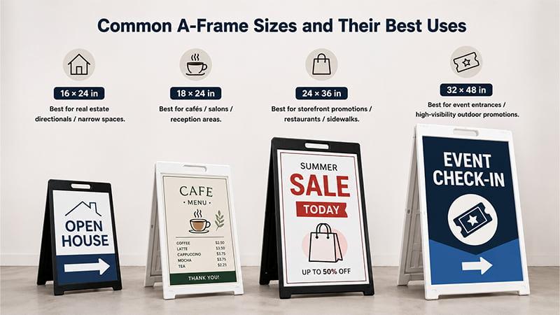 Examples of 16 × 24, 18 × 24, 24 × 36, and 32 × 48-inch A-frame signs and their best uses