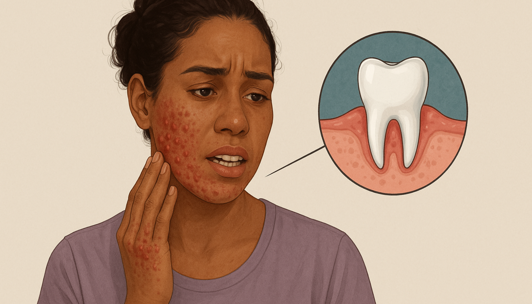  Kvinne med hudutslett fra hidradenitis suppurativa holder kinnet, illustrasjon viser kobling til betennelse rundt tannkjøtt. hidradenitis suppurativa hidradenitis suppurativa hs under huden under brystene acne inversa suppurativa hidradenitis hos kvinner behandling sykdommen ofte sykdom huden under byller kronisk andre tilstanden betennelse bør områder mer finnes pasienter oppstår svettekjertler the kvinner symptomer smertefulle diagnose hos hudsykdom symptomene diagnosen flere informasjon får hårsekkene alvorlig brukes rundt fører oftest vanligvis behandlingen hjelp brystene smerter viktig kur menn puss norge antibiotika fistler ganger kirurgi hud arr perioder skyldes puberteten unngå bruk svært alvorlighetsgrad lege store befolkningen lysken ser mest områdene forverring røyking gir smerte dårlig sist derfor