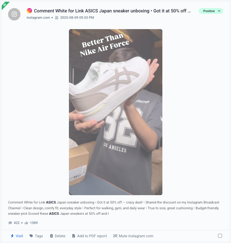 Exemplo de um mention positivo descoberto graças ao listening social do Instagram