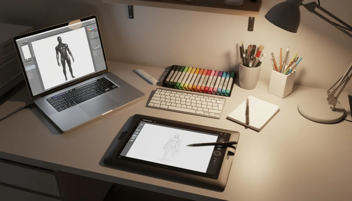 The image depicts a digital drawing setup featuring a tablet with a stylus, a laptop displaying a pose reference, and a neatly organized desk workspace, perfect for artists looking to improve their drawing skills. This environment encourages practice and creativity, making it an ideal space for figure drawing sessions.