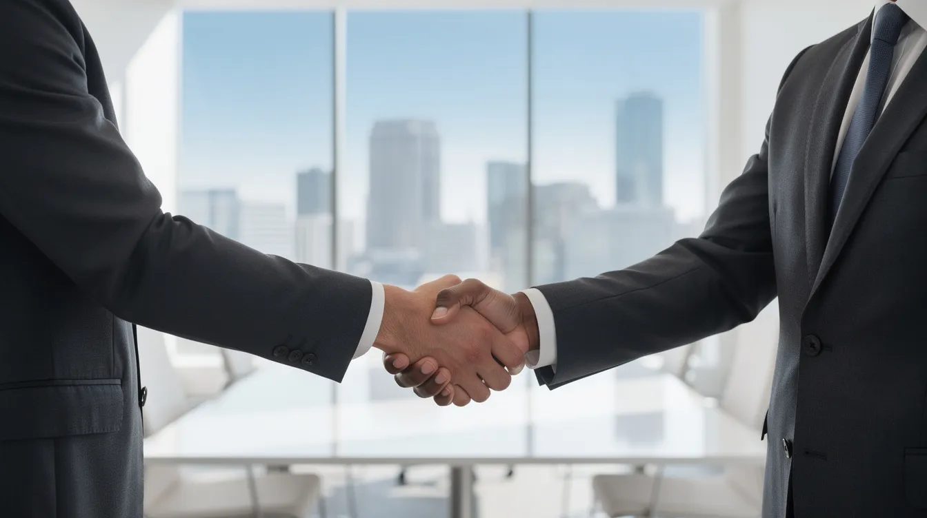 The image depicts a professional handshake between two individuals in a bright modern office with large glass windows offering a view of the city skyline. This setting conveys a sense of collaboration and trust, ideal for discussions related to 二線 財務 or financial services.