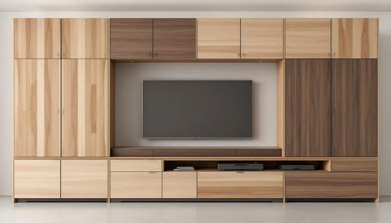 The image showcases a large entertainment unit with various timber finishes and styles, highlighting high-quality TV unit options. This versatile piece enhances any living space while providing ample storage for media equipment.