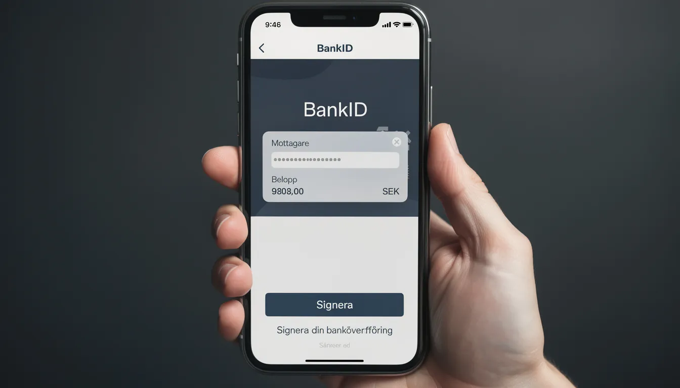En smartphone visar en banköverföring där användaren signerar med BankID, vilket illustrerar hur enkelt det är att använda trustly som betalningsmetod för insättningar och uttag på casinon med svensk licens. Skärmen visar tydligt överföringsdetaljerna, vilket gör processen smidig och säker för spelare.