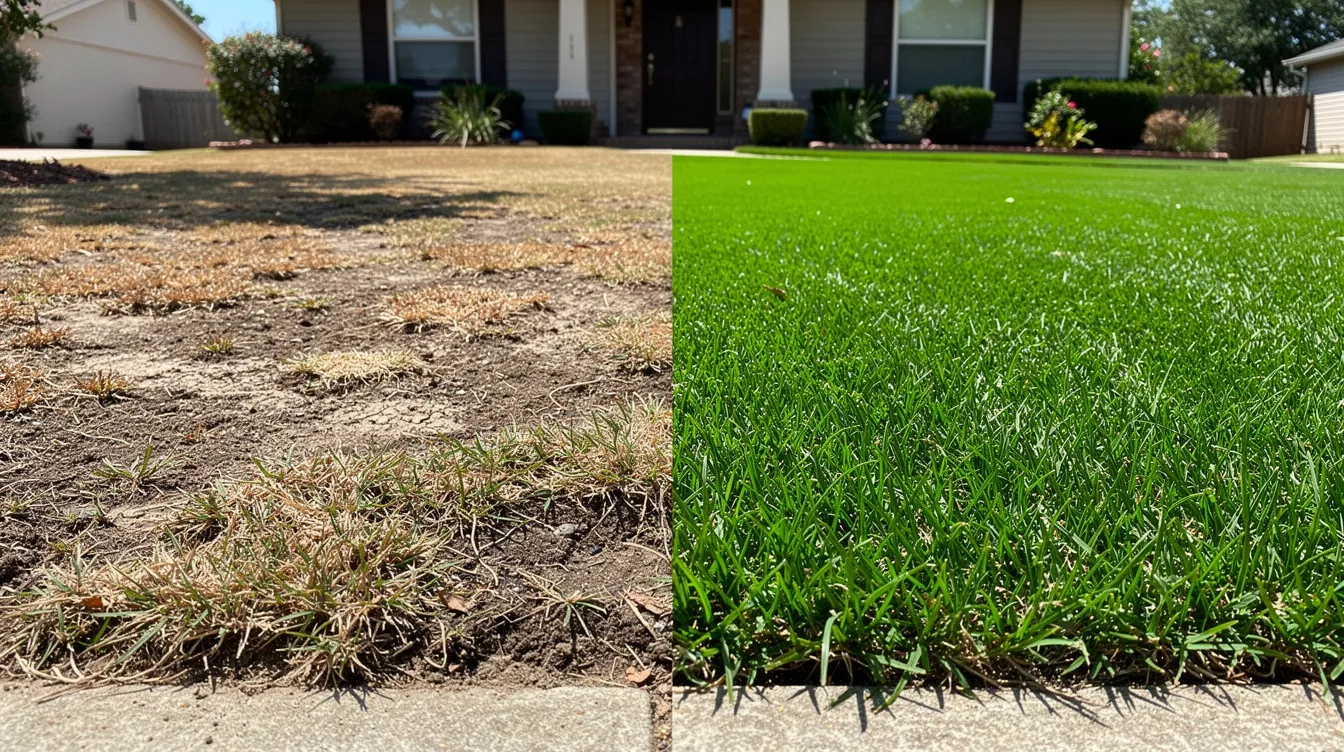 The image depicts a transformation from a patchy lawn with bare patches and dead grass to a lush, green, and healthy lawn. This renovation showcases new grass seed being sown over the soil surface, with vibrant grass blades emerging, indicating successful lawn care and maintenance.