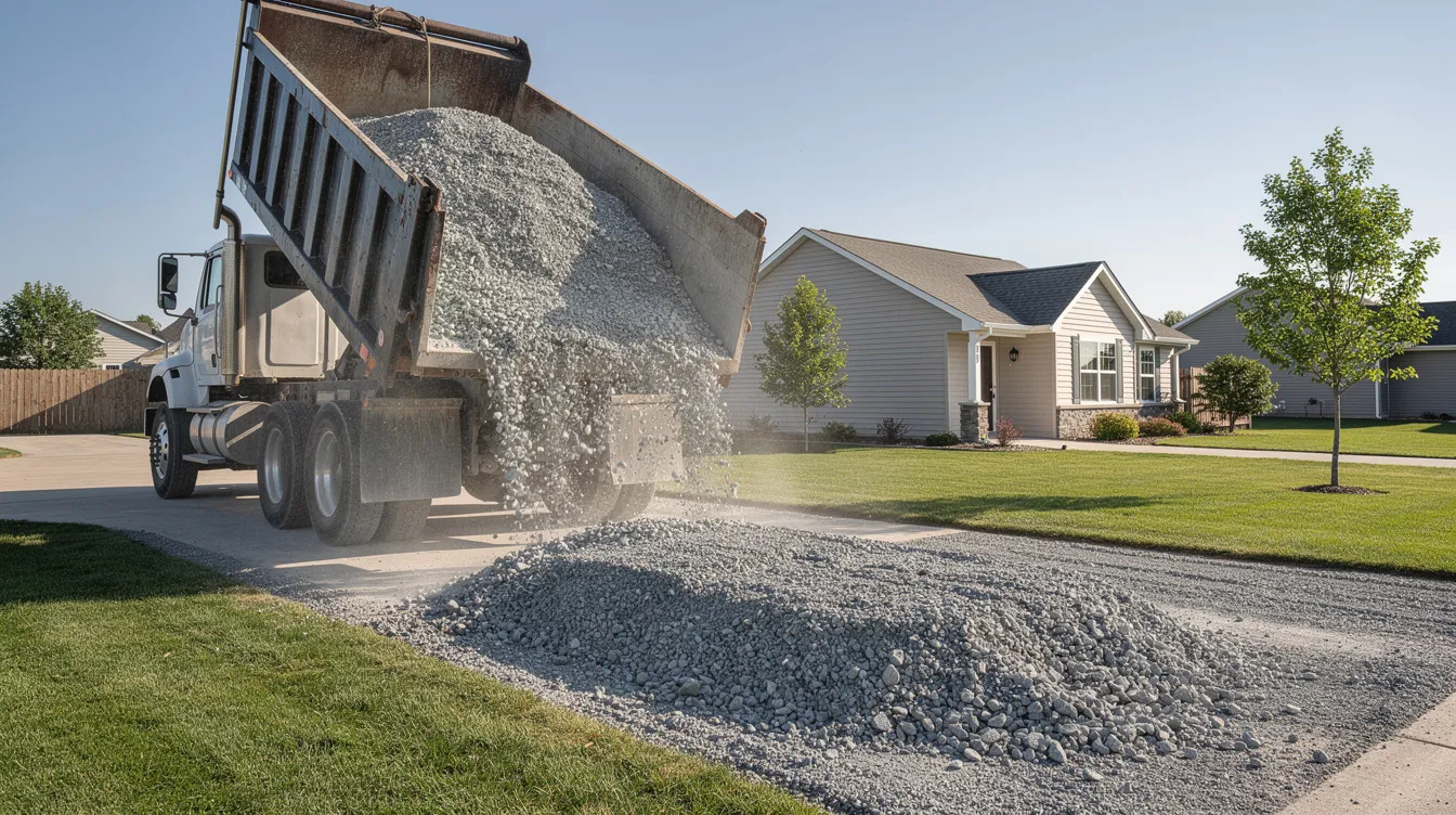 A dump truck is delivering a load of crushed stone gravel, specifically limestone, onto a residential property, ready to be used for creating a driveway or improving drainage. The gravel, in cubic yard packs, will be spread out to form a solid base for future construction.