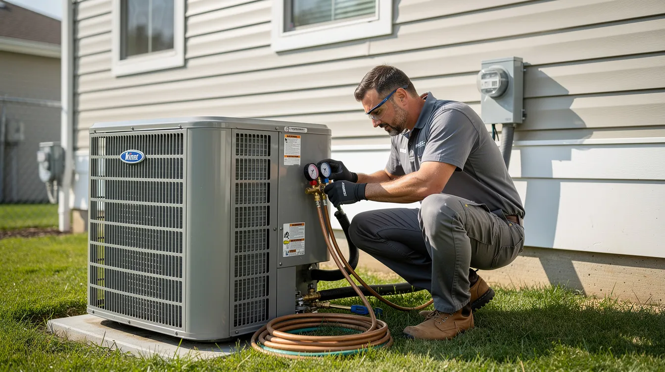 A professional HVAC technician in a navy shirt is installing a 4-ton outdoor AC unit in a residential backyard, ensuring reliable operation and energy efficiency for year-round comfort. The technician is focused on meeting the installation requirements for optimal performance, which may qualify homeowners for tax credits and rebates.
