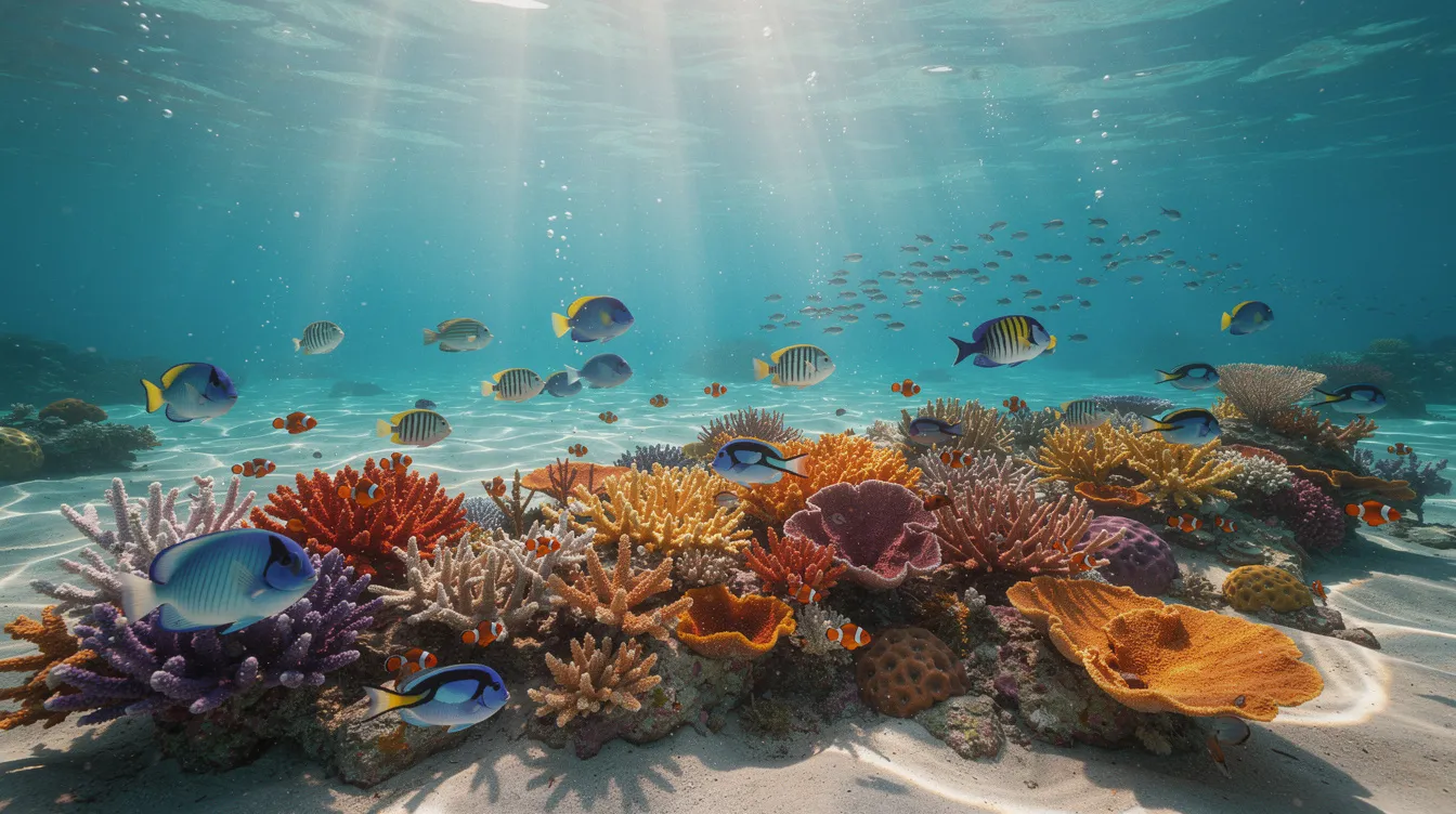 Cena subaquática com peixes tropicais coloridos nadando sobre um recife de corais em águas cristalinas do Caribe, destacando a rica vida marinha de Curaçao, uma das ilhas do reino dos Países Baixos. A imagem transmite a beleza e a diversidade das paisagens subaquáticas, ideais para experiências de mergulho e turismo.