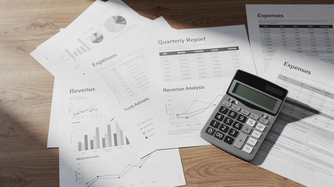 e693d455 17c9 4fe3 bb32 573b261566db The image depicts a cluttered wooden desk filled with various business documents and a calculator, suggesting an environment focused on business financing and planning. This scene may represent the preparation needed for a mudra loan application or the management of business loans by small business owners.