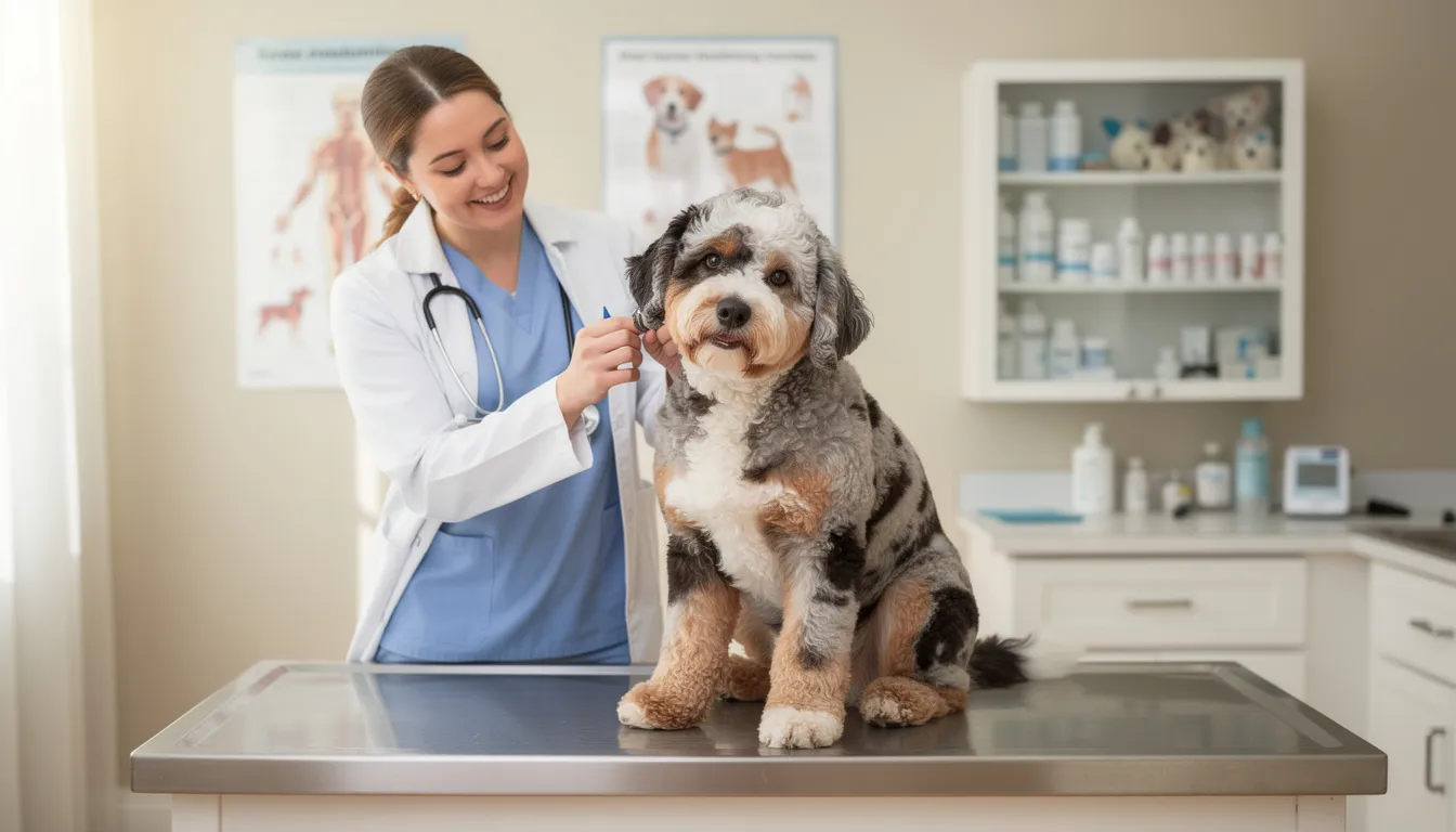 A veterinarian is examining a healthy aussiedoodle puppy during a routine checkup, highlighting the puppy's curly coat and playful demeanor. This mini aussiedoodle, known for its high energy and intelligence, is receiving care to ensure it remains a happy and active companion.